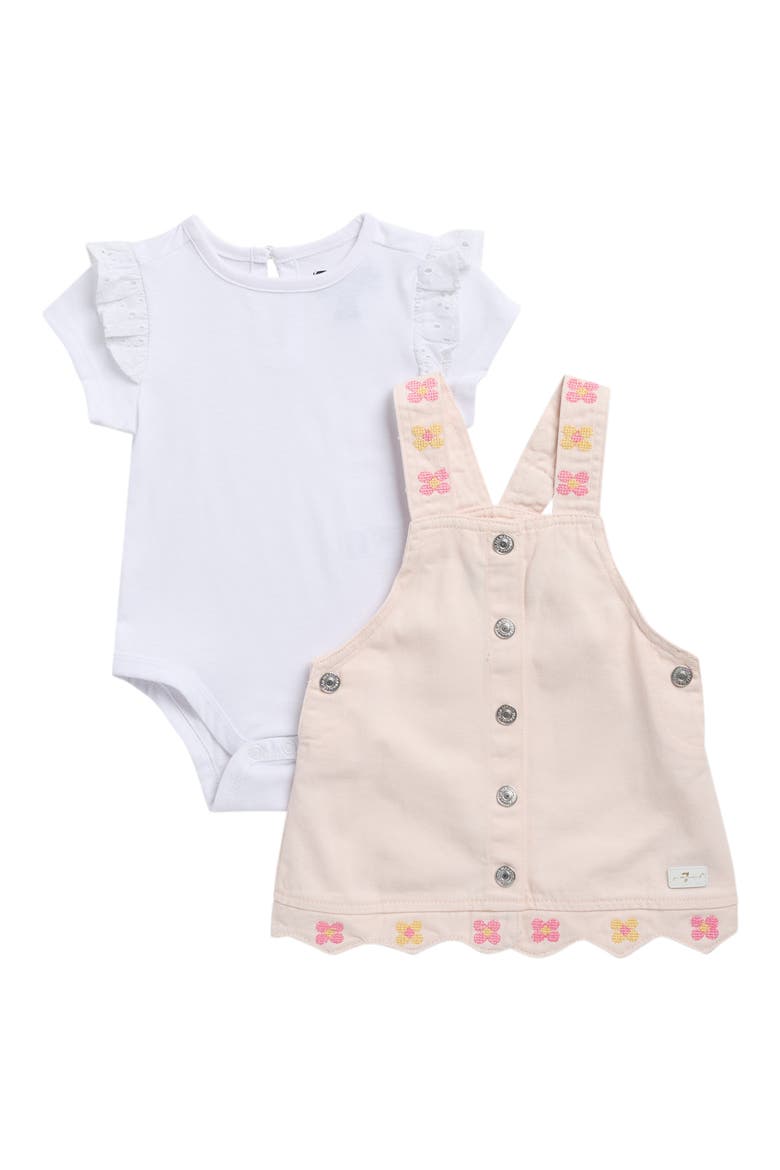 Ruffle Bodysuit & Denim Pinafore Dress Set, Main, color, PALE PINK