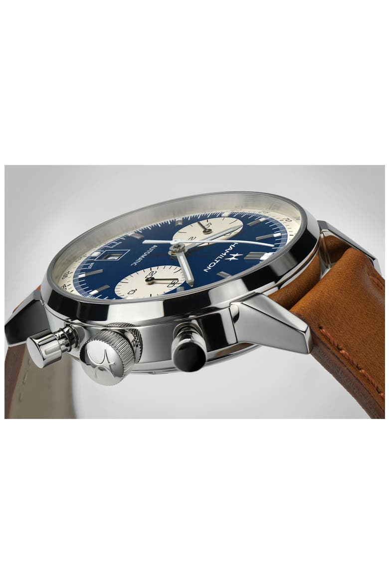 American Classic Automatic Chronograph Leather Strap Watch, 40mm, Alternate, color, BROWN/ BLUE/ SILVER
