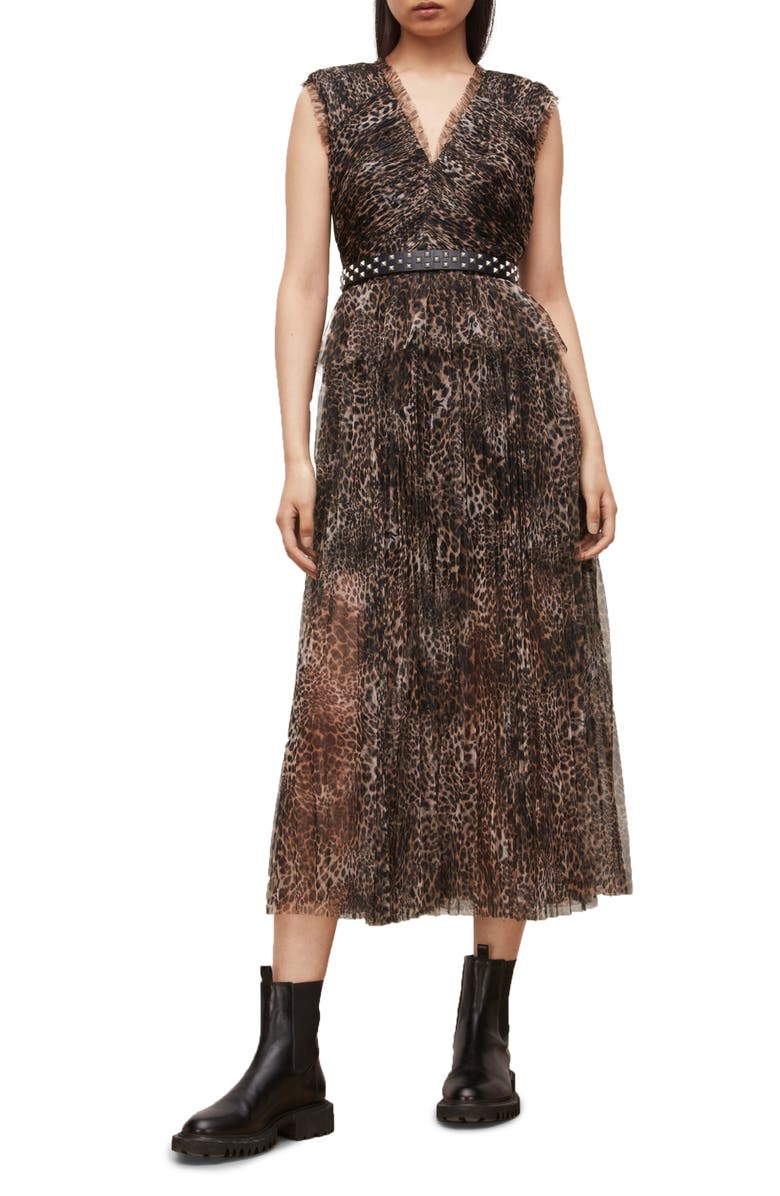 AllSaints Indra Kiku Leopard Print Midi Dress, Main, color, 