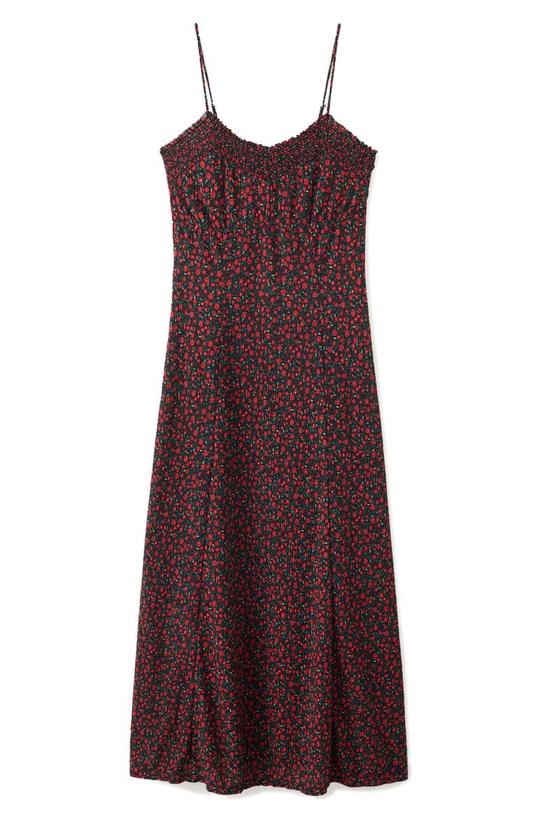 Floral Print Smocked Sleeveless Midi Dress, Alternate, color, BLACK