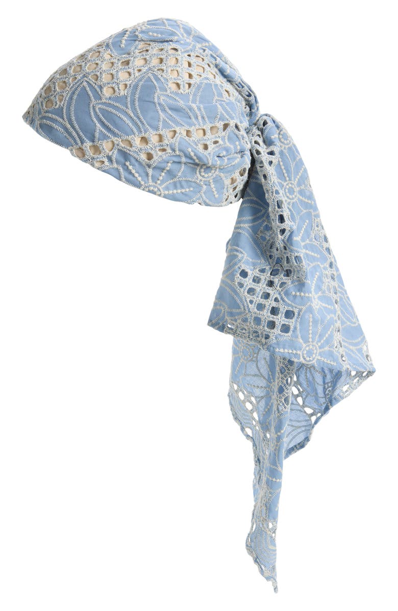 Lele Sadoughi Sophia Cotton Eyelet Scarf Cap, Main, color, High Tide