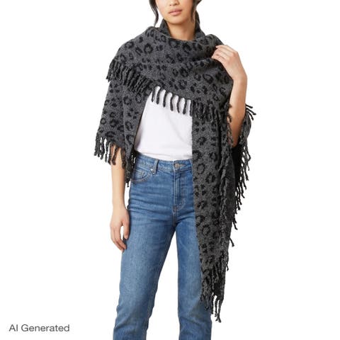Jacquard Knit Leopard Triangle Scarf with Fringe