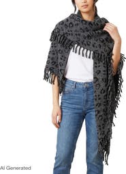 Rebecca Minkoff Jacquard Knit Leopard Triangle Scarf with Fringe