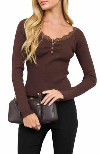 Lace Trim Ruched Henley Top