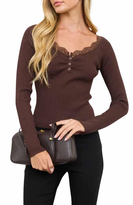 Lace Trim Ruched Henley Top