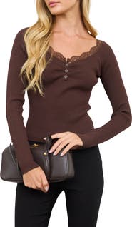 Blu Pepper Lace Trim Ruched Henley Top