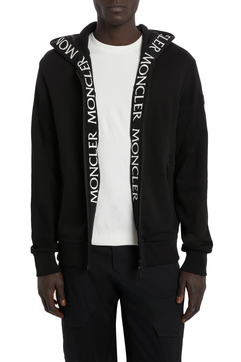 Logo Tape Cotton Zip Hoodie, Main, color, BLACK