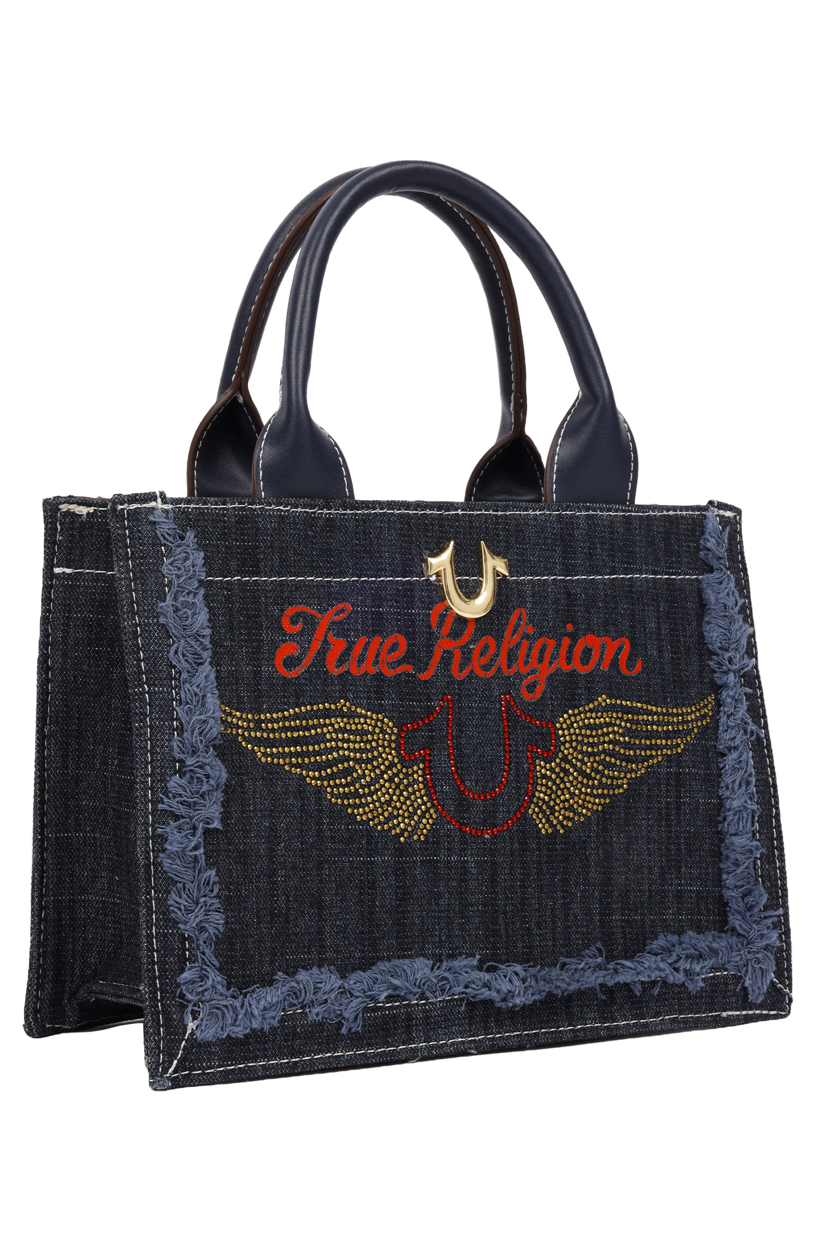 Moto Frayed Denim Tote Bag, Alternate, color, NAVY