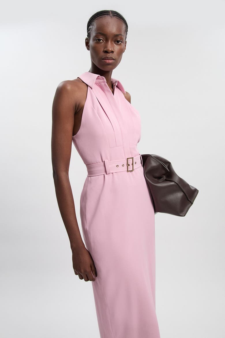 Collard Halter Neck Belted Midi Dress, Alternate, color, Pink