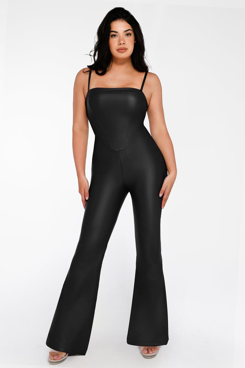 Shapewear Faux Leather Corset Bodice Slimming Jumpsuit, Main, color, Midnight Black