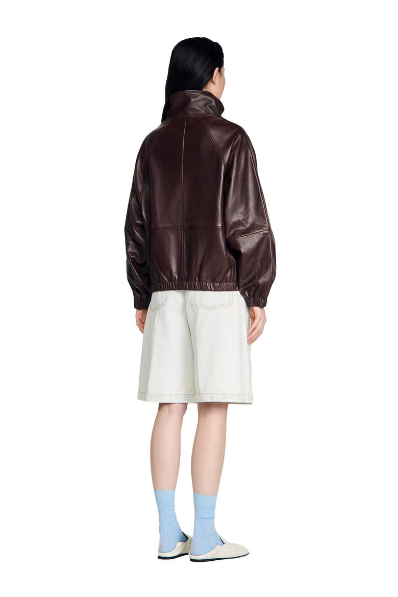 Oversized zip-up leather jacket, Alternate, color, Brown