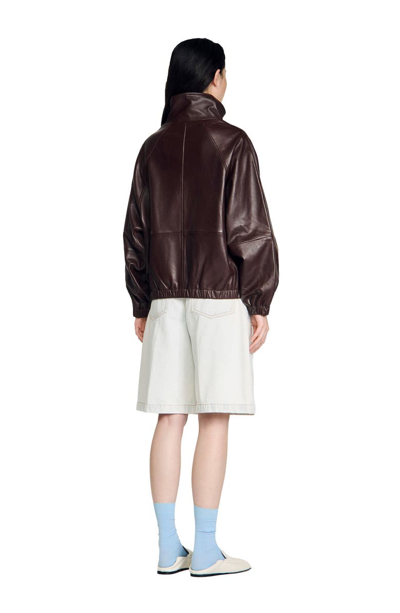 SANDRO Oversized zip-up leather jacket, Alternate, color, Brown