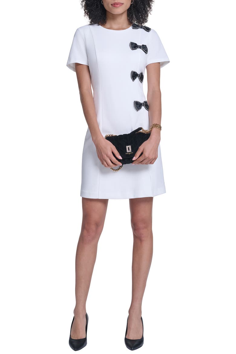 Scuba Rhinestone Bow Sheath Dress, Alternate, color, SOFT WHITE/ BLACK