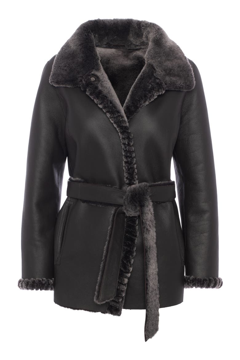 Merino Genuine Shearling Jacket With Whipstitch Trim, Alternate, color, BROWN BRISA