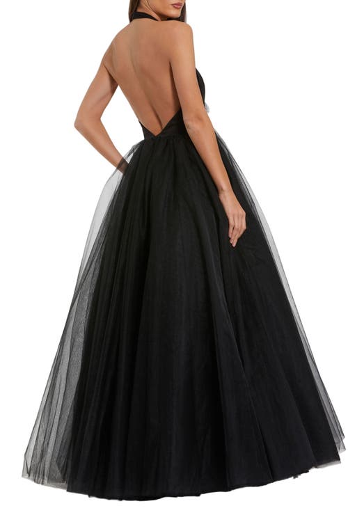 Mac Duggal Jersey Halter Ballgown With Tulle Skirt & Flower In Gold