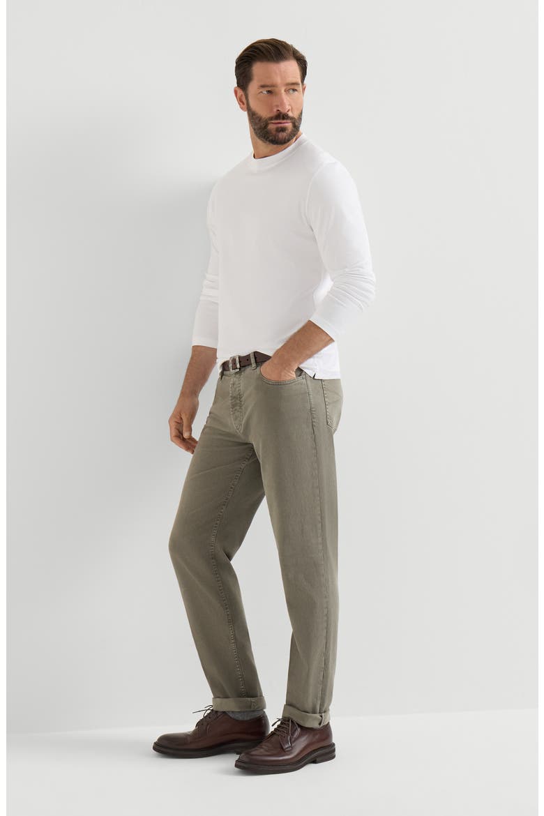 Garment-dyed comfort lightweight denim traditional fit five-pocket trousers, Alternate, color, Military