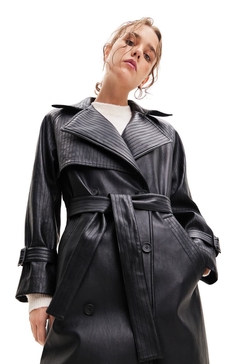 Belted Faux Leather Trench Coat, Alternate, color, BLACK