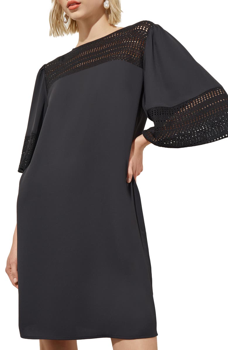 Ming Wang Embroidered Detail Bell Sleeve Dress, Alternate, color, Black