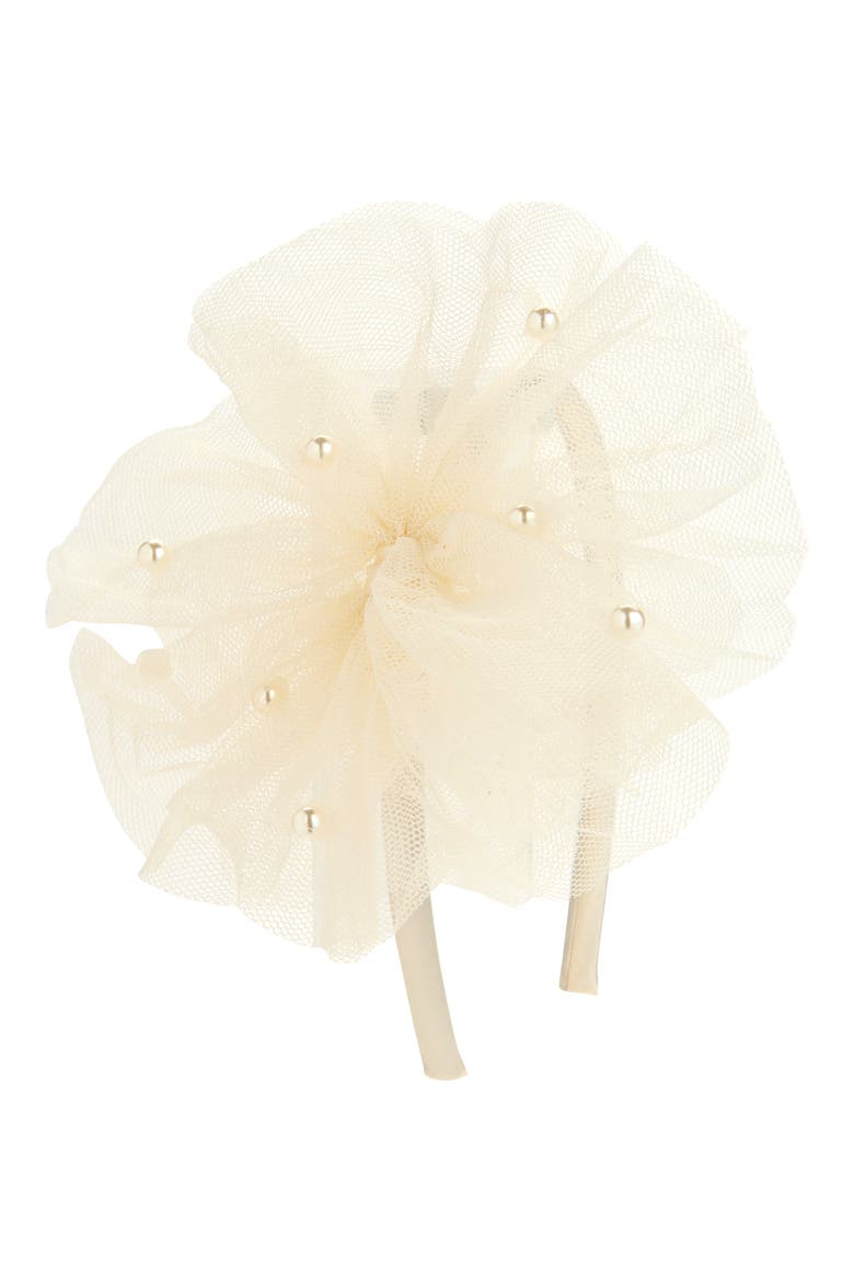Faux Pearl Tulle Headband, Main, color, WHITE