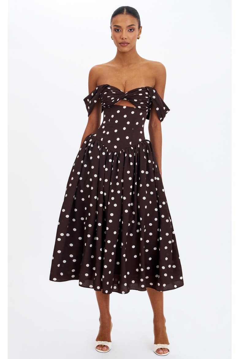 Xandie Polka Dot Off-Shoulder Midi Dress, Alternate, color, Mocha