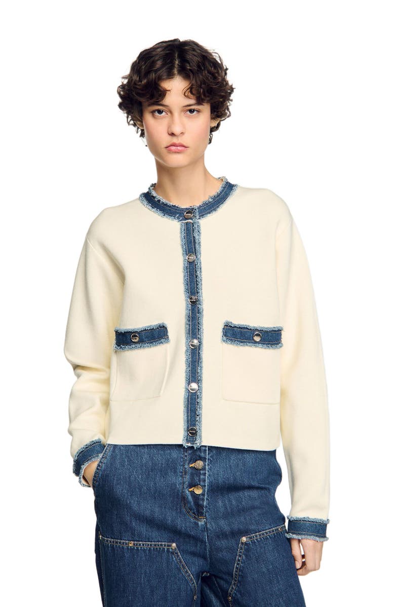 SANDRO Cardigan with denim details, Alternate, color, Ecru