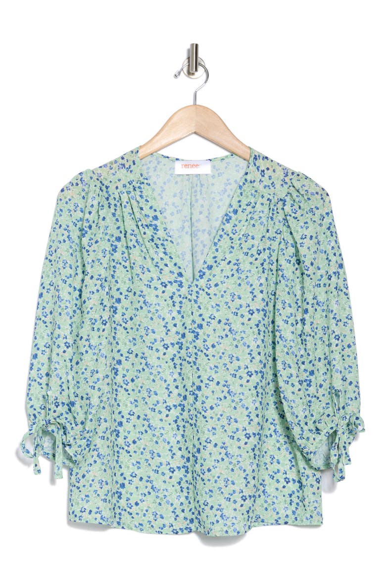 Ditsy Floral V-Neck Long Sleeve Top, Alternate, color, SAGE