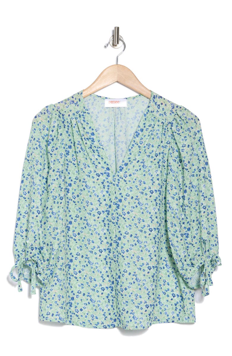Renee C Ditsy Floral V-Neck Long Sleeve Top, Alternate, color, Sage
