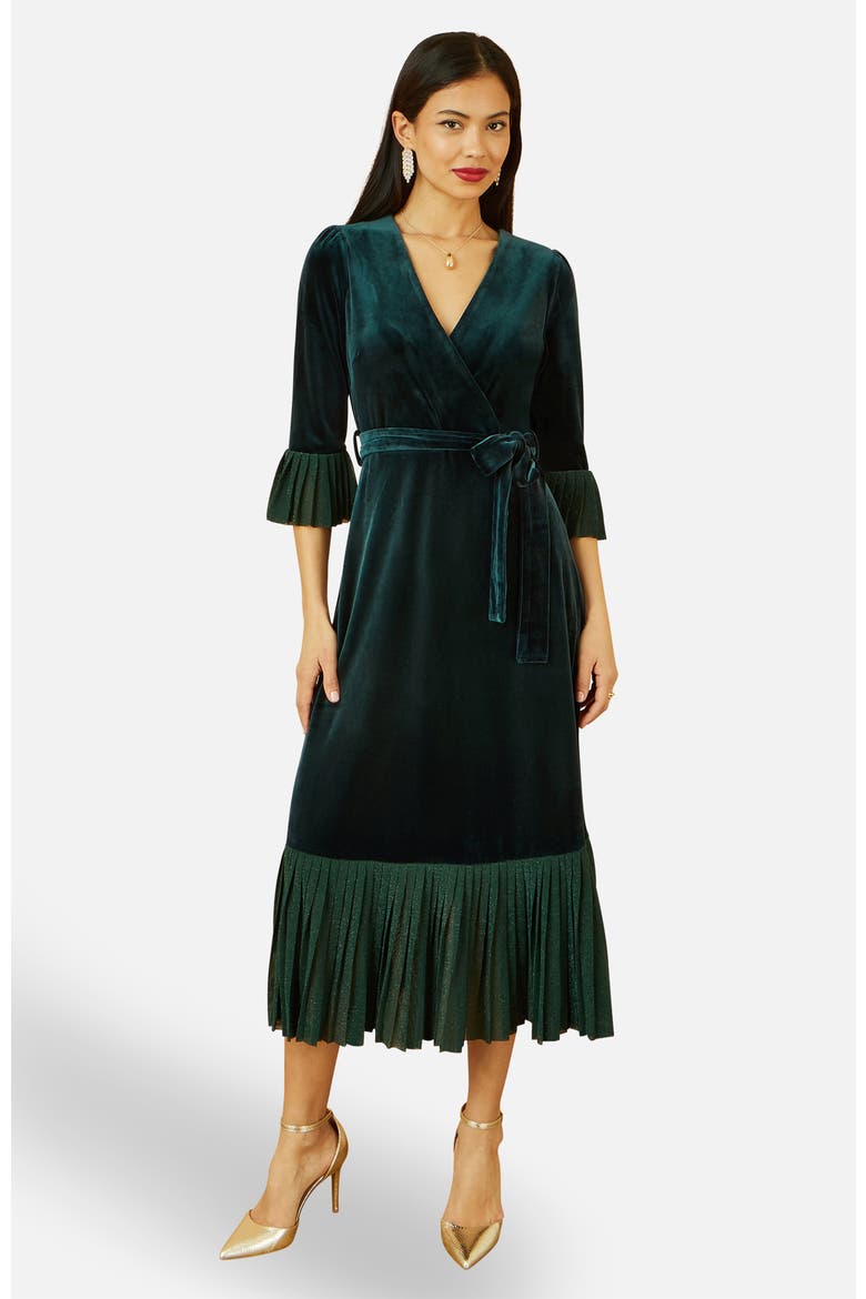 Velvet Wrap V-Neck Midi Dress, Main, color, Green