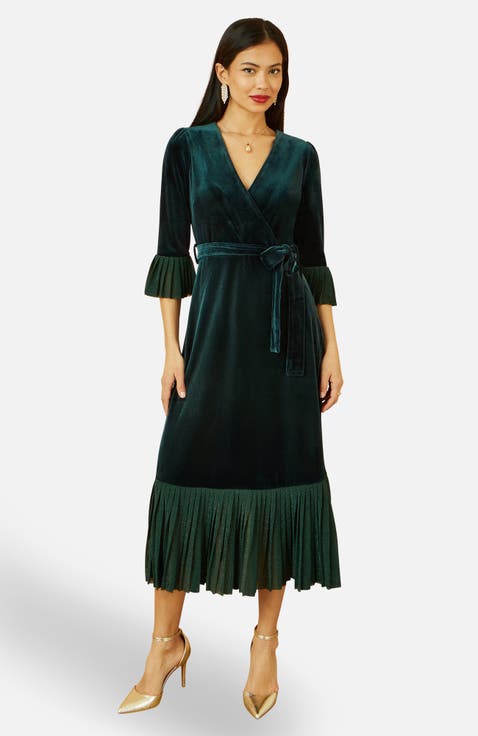 Velvet Wrap V-Neck Midi Dress