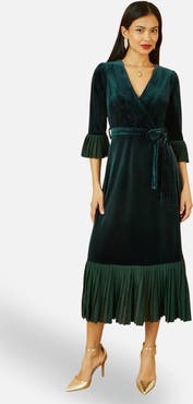 Yumi Velvet Wrap V-Neck Midi Dress