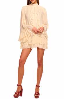 Ramy Brook Claudia Lace & Ruffle Detail Long Sleeve Silk Minidress
