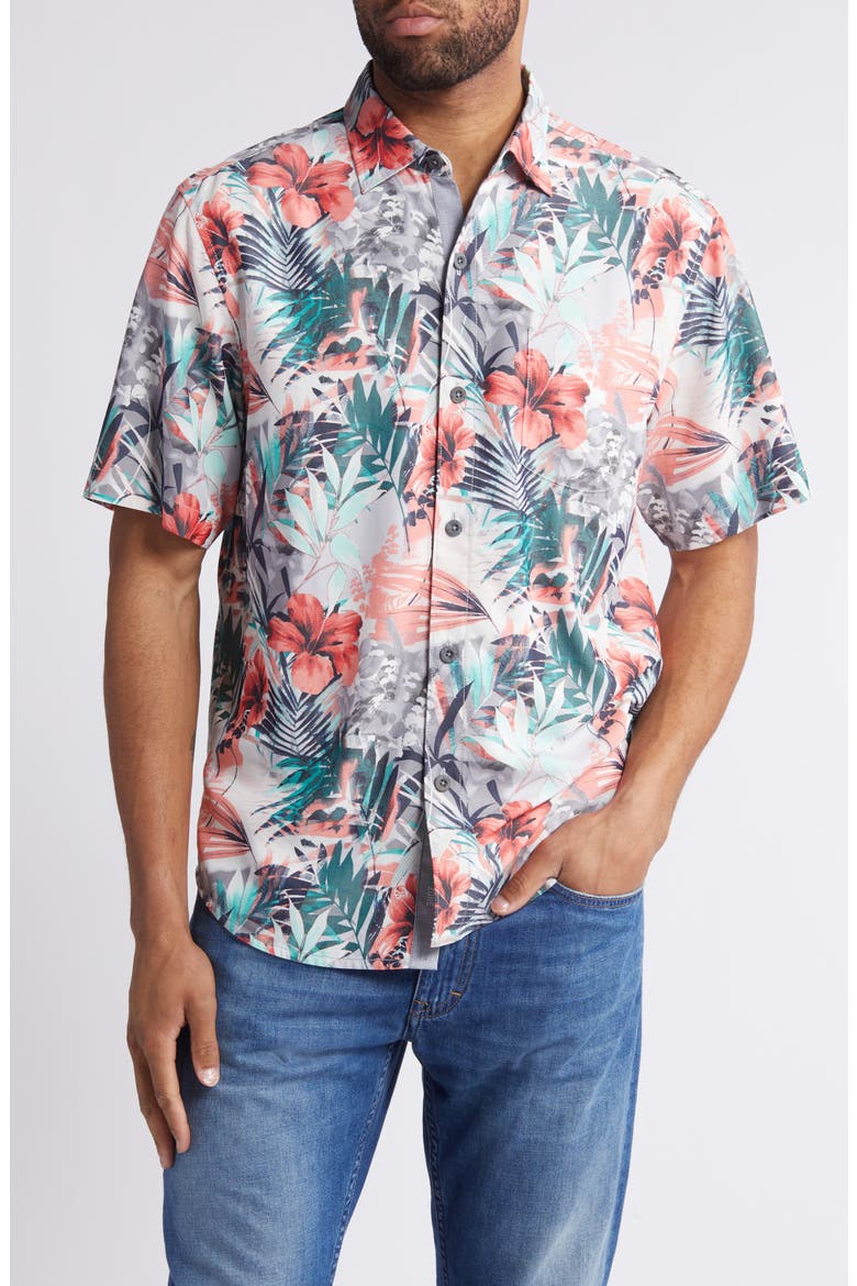 Mojito Bay Electric Blooms Short Sleeve Performance Button-Up Shirt, Main, color, SUMMER GREY