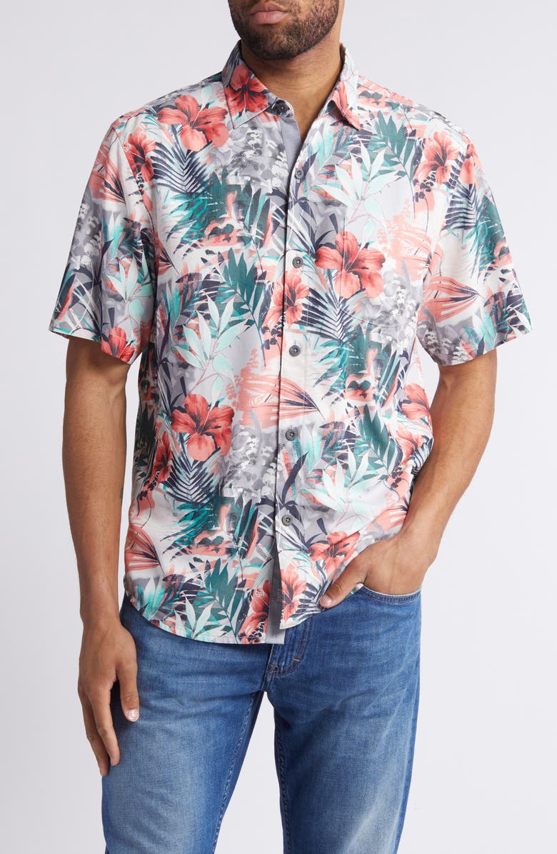 Tommy Bahama Mojito Bay Electric Blooms Short Sleeve Performance Button-Up Shirt, Main, color, 