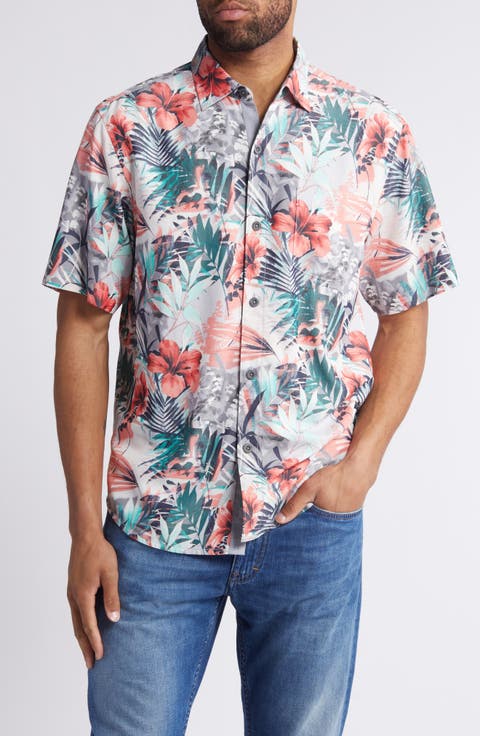 Mojito Bay Electric Blooms Short Sleeve Performance Button-Up Shirt