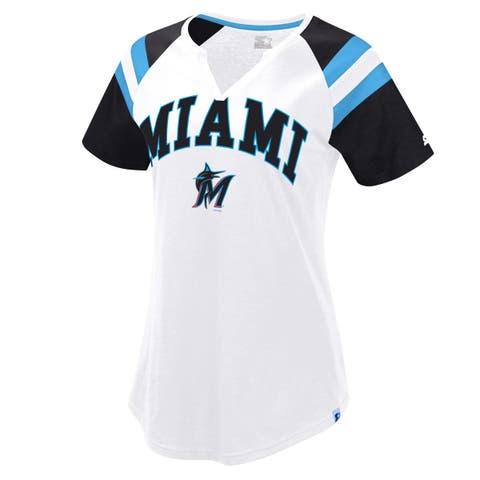 Women's Starter White/Black Miami Marlins Game On Notch Neck Raglan T-Shirt