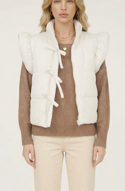 Ruffle Shoulder Puffer Vest with Front Tie Closures and Stand Collar