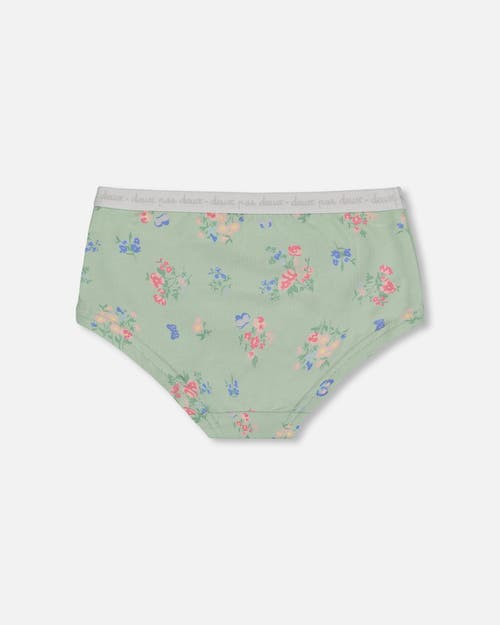 Deux Par Deux Girl's Printed Organic Cotton Boyshort Panty Small Pink And Blue Flowers On Light Sage In Pink And Blue Flowers