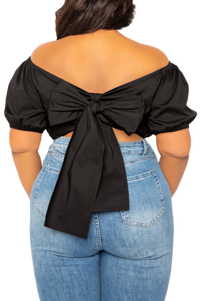 Off the Shoulder Bow Back Crop Top, Alternate, color, BLACK