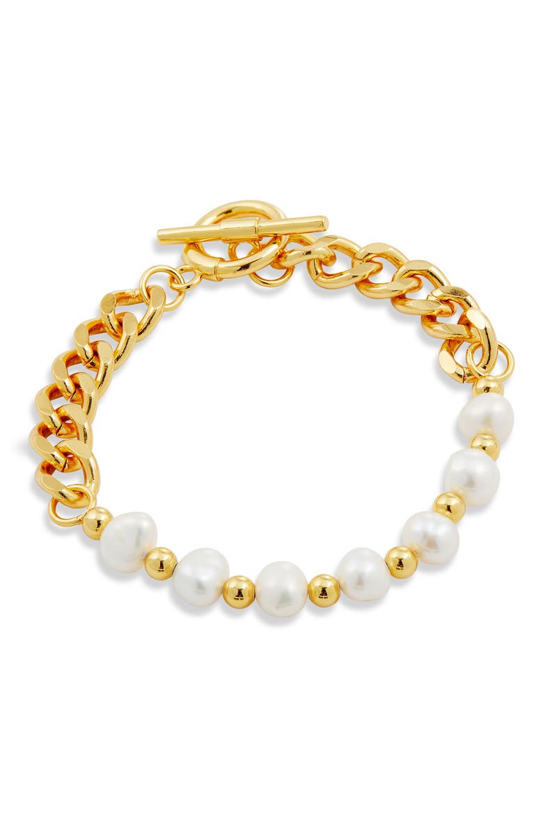 Freshwater Pearl & 18K Gold Plated Sterling Silver Toggle Link Bracelet, Main, color, YELLOW GOLD
