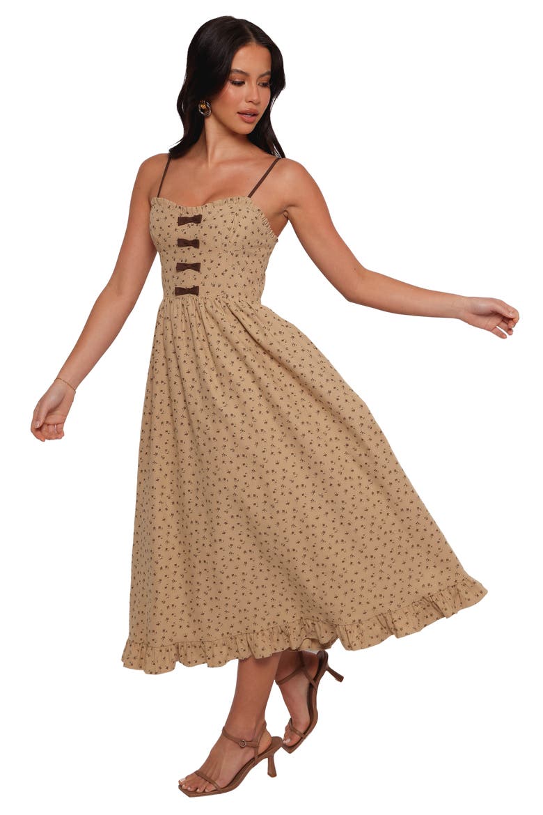 Robbins Bow Floral Print Sleeveless Maxi Dress, Alternate, color, BEIGE BROWN