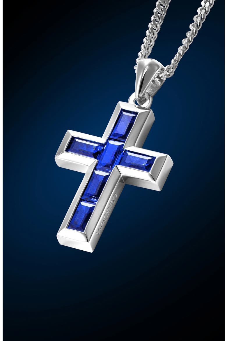 Men's Stone Cross Pendant Necklace, Alternate, color, SAPPHIRE