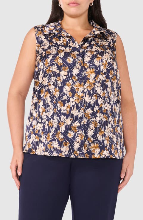 Printed Sleeveless Button-Up Top
