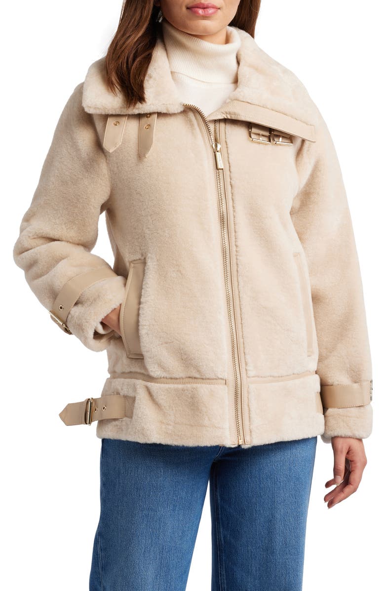 Michael Kors Faux Shearling Moto Jacket, Main, color,