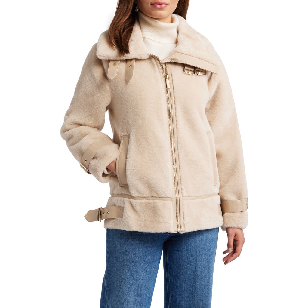 Michael Kors Faux Shearling Moto Jacket in Bone