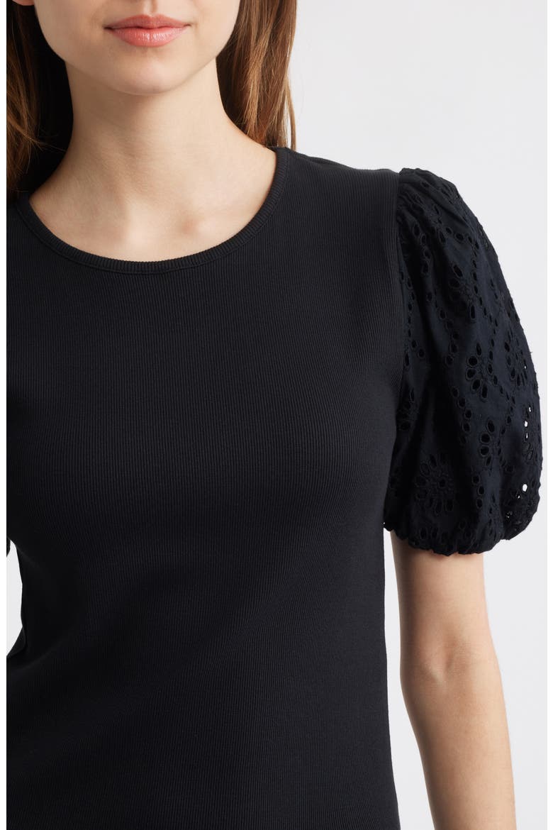 Marina Eyelet Puff Sleeve T-Shirt, Alternate, color, BLACK