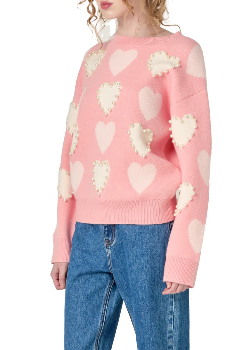English Factory Heart Faux Pearl Embellished Crewneck Sweater, Alternate, color, Light Pink