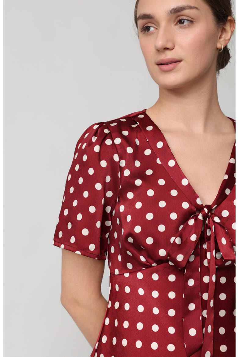 Tie Neck Short Sleeve Satin Top, Alternate, color, MAROON BONE DOT