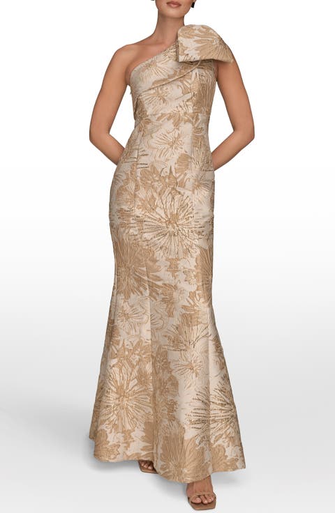 Metallic One-Shoulder Jacquard Mermaid Gown