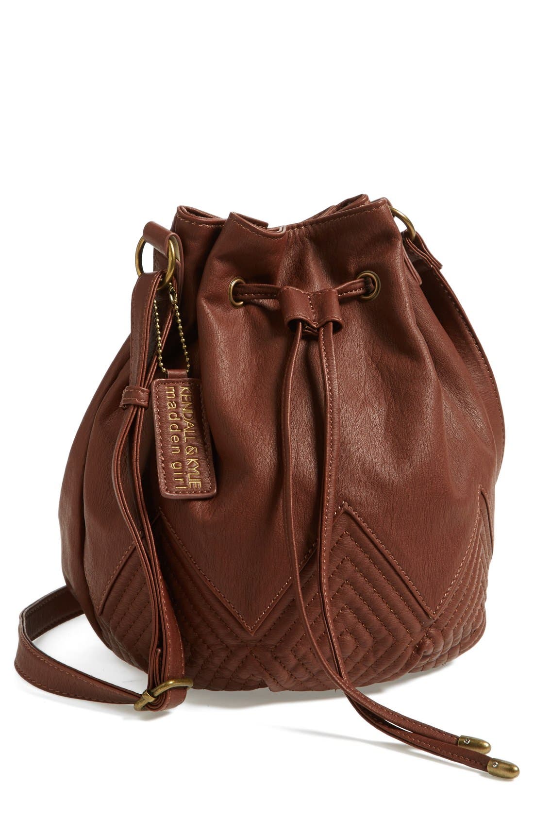 KENDALL + KYLIE Madden Girl Quilted Faux Leather Bucket Bag, Main, color, BROWN