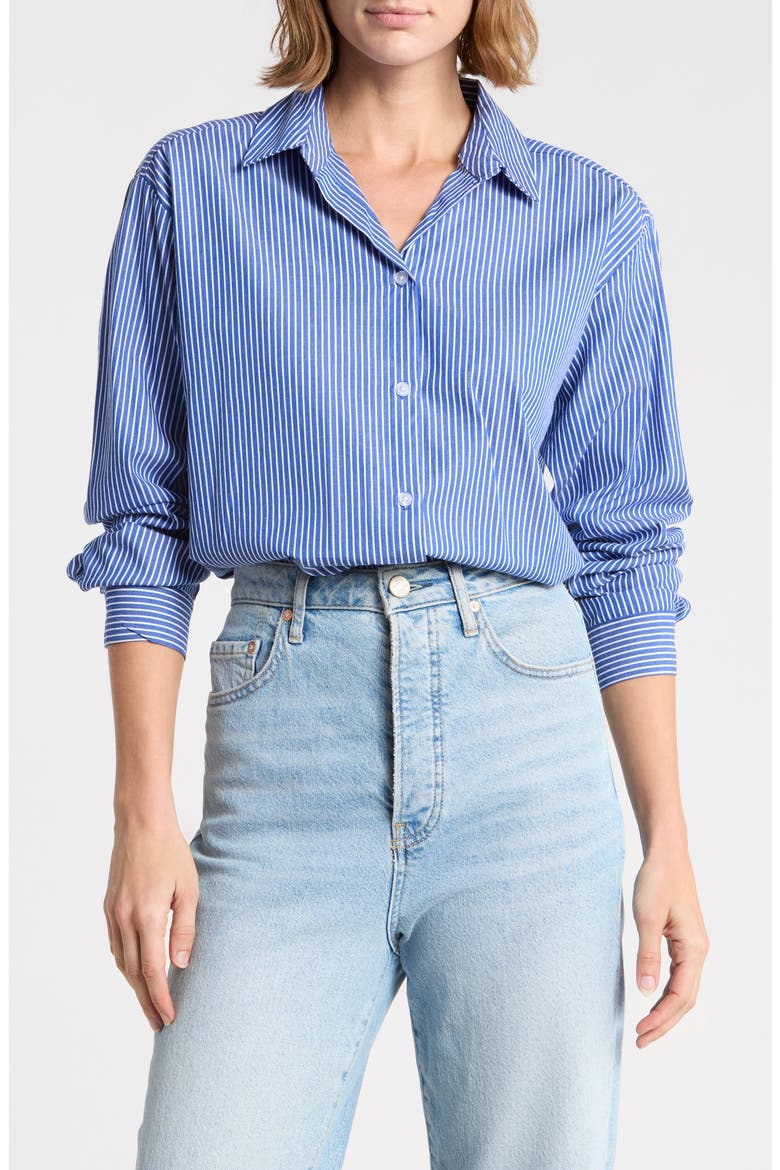 Marin Stripe Cotton Crop Bubble Hem Shirt, Main, color, ROTAL NIGHT